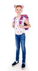 Portrait of smiling happy school girl child with school bag backpack and books isolated on a white background