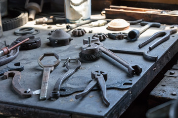 Vintage tools in the garage workshop.