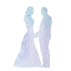isolated, tender watercolor silhouette of the bride and groom