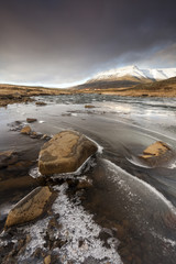 Ice on mountain river. / Natural winter scenery of amazing Icelandic landscape