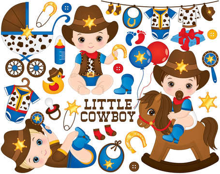Vector Cowboy Set. Set Includes Cute Little Baby Boys Dressed as Little Cowboys