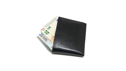 Black leather wallet with euros isolated on white background