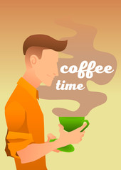 Young man carries a mug of skin