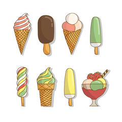 Set of colorful tasty isolated ice cream at a white background. Vector Illustration. 