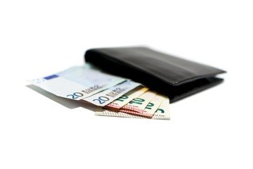 Black leather wallet with euros isolated on white background