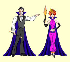 The mysterious magician and his beautiful assistant in a turban and with a torch,a magic girl in a turban and with a torch, an assistant magician in oriental costume