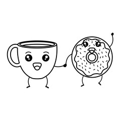 coffee cup with sweet donuts kawaii characters vector illustration design