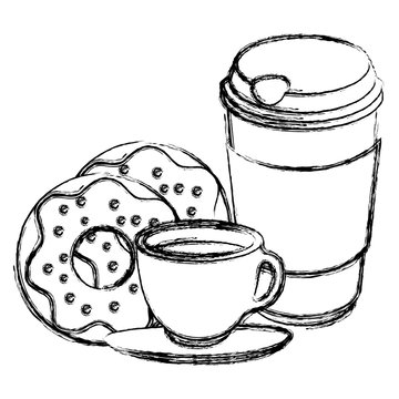 coffee cup and plastic container with sweet donuts vector illustration design