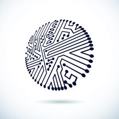 Vector abstract computer circuit board illustration, circular technology element with connections. Electronics theme web design.