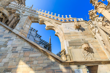 Fototapeta premium Gothic architecture and art on the roof of Duomo