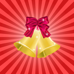 Golden Christmas bell with red ribbon and bow. Christmas decoration. illustration isolated on red background.
