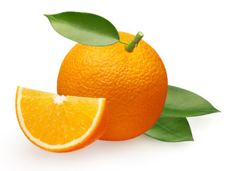Fresh orange fruit with slice and green leaves on white