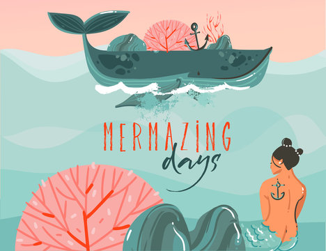 Hand drawn vector abstract cartoon summer time graphic illustrations art background with ocean beach landscape,big whale,sunset scene and beauty mermaid girl with Mermazing days typography quote
