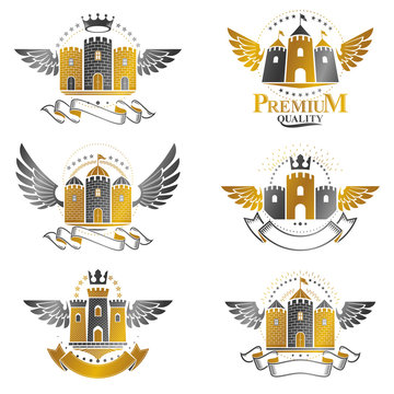 Ancient Bastions emblems set. Heraldic vector design elements collection. Retro style label, heraldry logo.