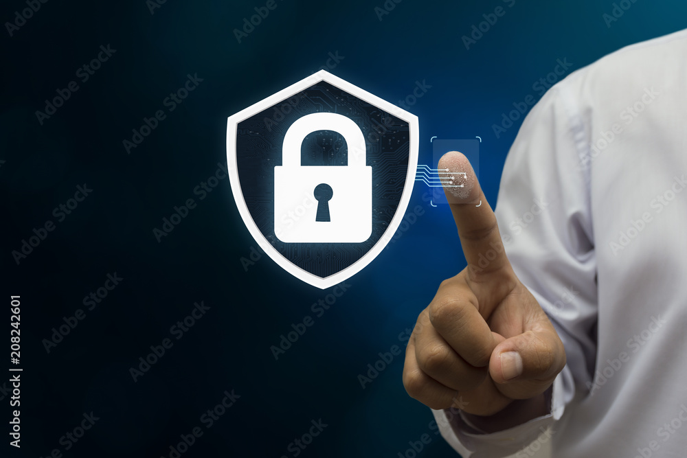 Poster human finger scanner with advanced security system. concepts applied to online security systems and 