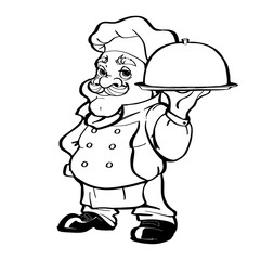 Smiling Chef cartoon character holding silver platter