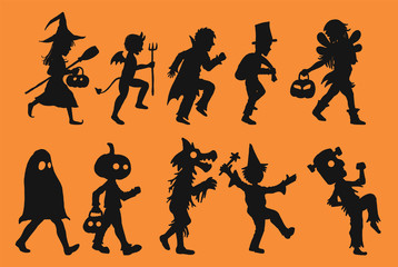 Set of children vector in halloween day.Children silhouette on orange background.
