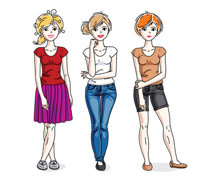 Happy young adult girls group standing wearing fashionable casual clothes. Vector people illustrations set.