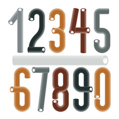 Trendy vector numerals collection. Modern condensed, tall, funky numbers from 0 to 9 best for use in logo, poster creation. Created with hosepipe style, plumbing.