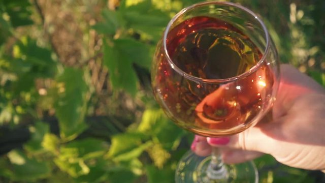 Woman twists a glass of rose wine slow motion