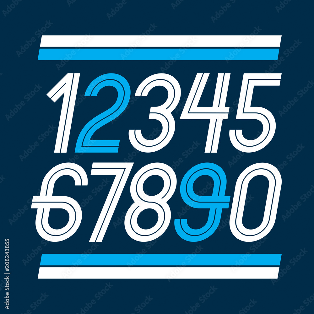 Poster set of vector thin rounded numerals made with white lines, can be used as business logo design eleme