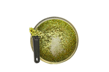 Kief in grinder for weed Trichomes buds of Cannabis macro top medical use THC and CBD