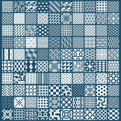 Vector graphic vintage textures created with squares, rhombuses and other geometric shapes. Monochrome seamless patterns collection best for use in textiles design.