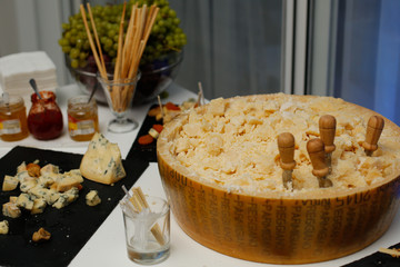 Salty and cheese bar of several kinds of cheese, grapes, olives and snacks decorated