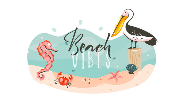 Hand drawn vector abstract cartoon summer time graphic underwater illustrations template background scene with sea bottom,seahorse,pelican bird,starfish and Beach Vibes typography isolated on white