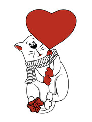 Vector decorative white cat with red scarf and heart shape balloon.