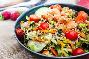 Salmon salad Gourmet cereals Cooked soy beans Cucumber Carrots