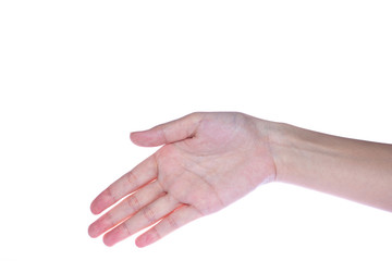 Open woman hand on white background