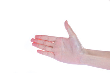 Open woman hand on white background