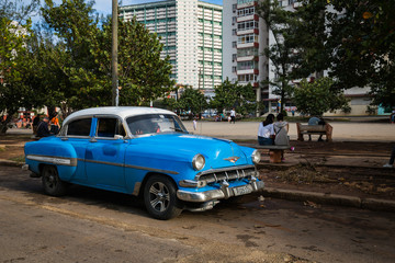 HABANA, CUBA-JANUARY 13: Old car on January 13, 2018 in Habana, Cuba. Old car on the city street