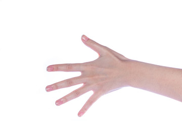 Open woman hand on white background