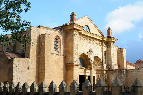 The view on the facade of the the Cathedral of Santa Maria la Menor the oldest Cathedral in the Americas in Santo Domingo, Dominikan Republic