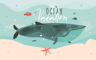 Hand drawn vector abstract cartoon summer time graphic illustrations art template background with ocean bottom,big whale,corals,seaweed and Ocean vacation typography quote isolated on blue waves