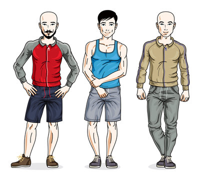 Handsome young men group standing wearing stylish sport clothes. Vector different people characters set.