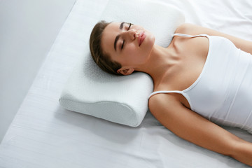 Healthy Sleep. Woman Sleeping On White Orthopedic Pillow