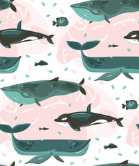Hand drawn vector abstract cartoon graphic summer time underwater illustrations seamless pattern with coral reefs and beauty big whales characters isolated on white background