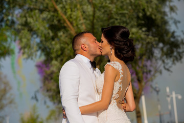 New line wedding couple posing in park