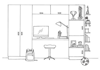 Fototapeta premium Sketch of a children's room. Teenager's room. Vector illustration