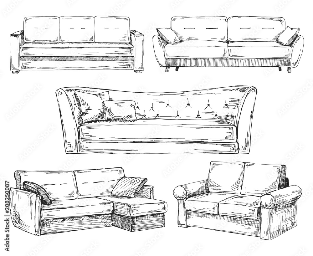Poster set of sofas isolated on white background.vector illustration in a sketch style.