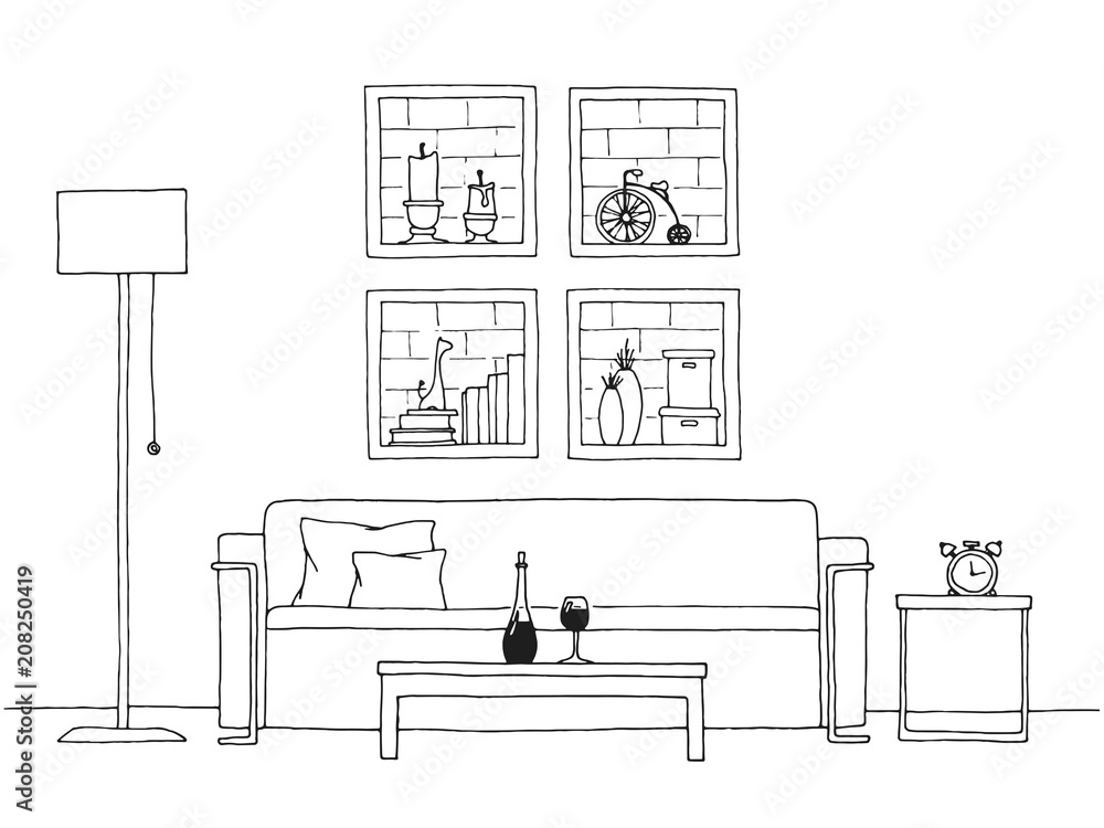 Poster table in front of the sofa. brick wall with shelves. vector illustration of a sketch style.