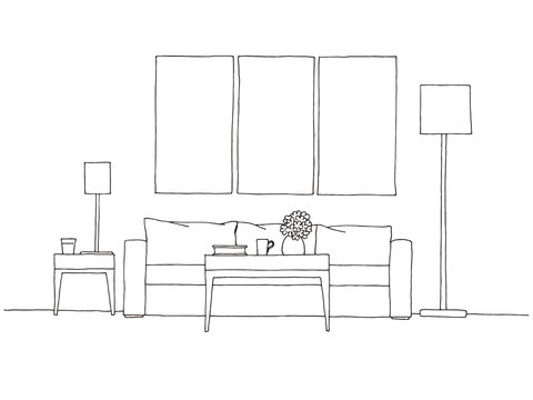 Linear sketch of an interior. Hand drawn vector illustration of a sketch style.