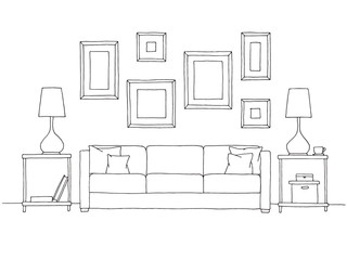 Linear sketch of an interior. Hand drawn vector illustration of a sketch style.