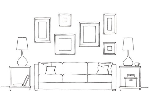 Linear sketch of an interior. Hand drawn vector illustration of a sketch style.