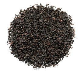 Heap of dry black tea leaves on white background, top view