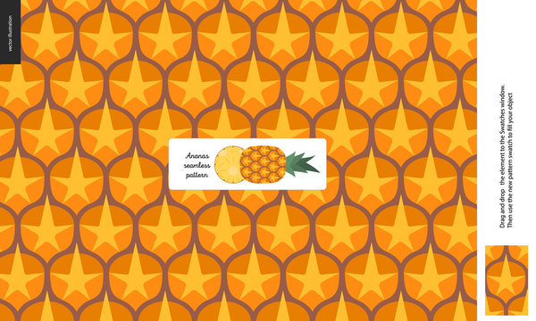 Food patterns - fruit, pineapple texture - a seamless pattern of pineapple rind peel full of yellow orange spines on the orange background, pineapple image in the center