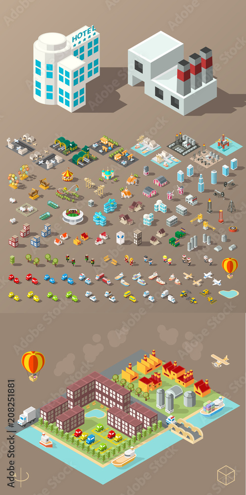 Poster build your own city . set of isolated minimal city vector elements on dark background